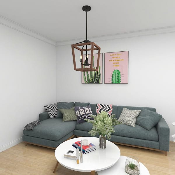 4-Light Lantern Pendant Light，Brown Farmhouse Chandelier for Kitchen Island