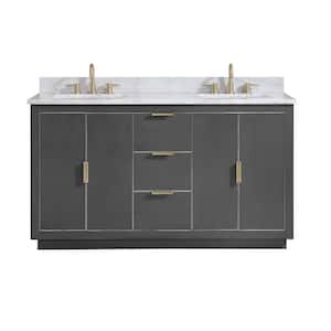 Austen 61 in. W x 22 in. D Bath Vanity in Gray with Gold Trim with Marble Vanity Top in Carrara White with Basins