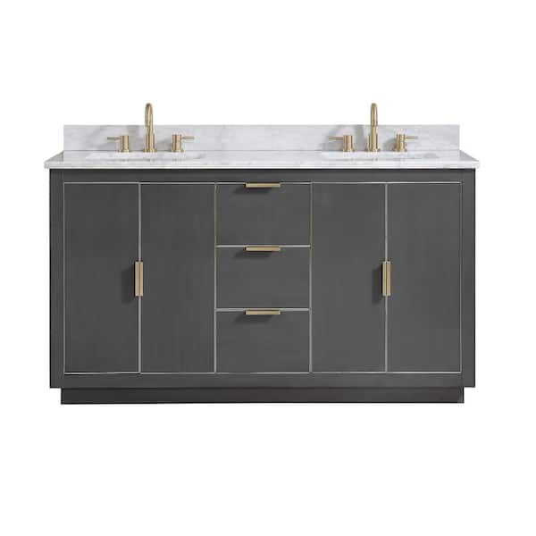 Avanity Austen 61 in. W x 22 in. D Bath Vanity in Gray with Gold Trim with Marble Vanity Top in Carrara White with Basins