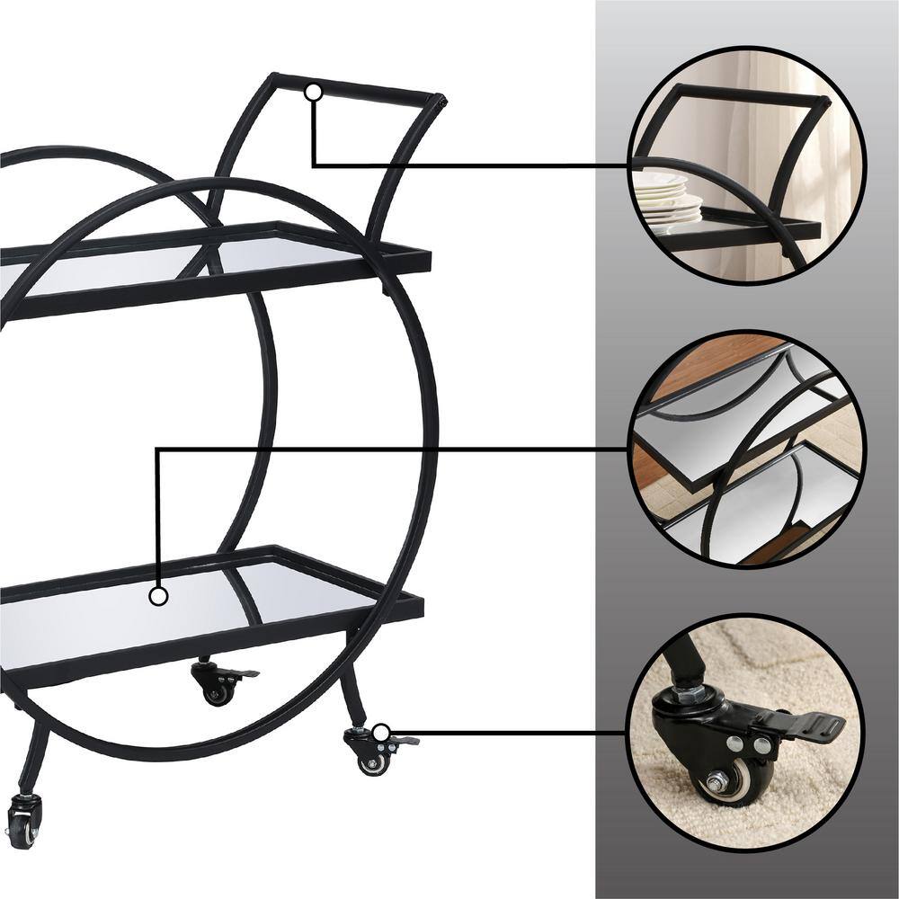 Odessa Glam Black Metal Round Bar Cart with Mirrored Shelves