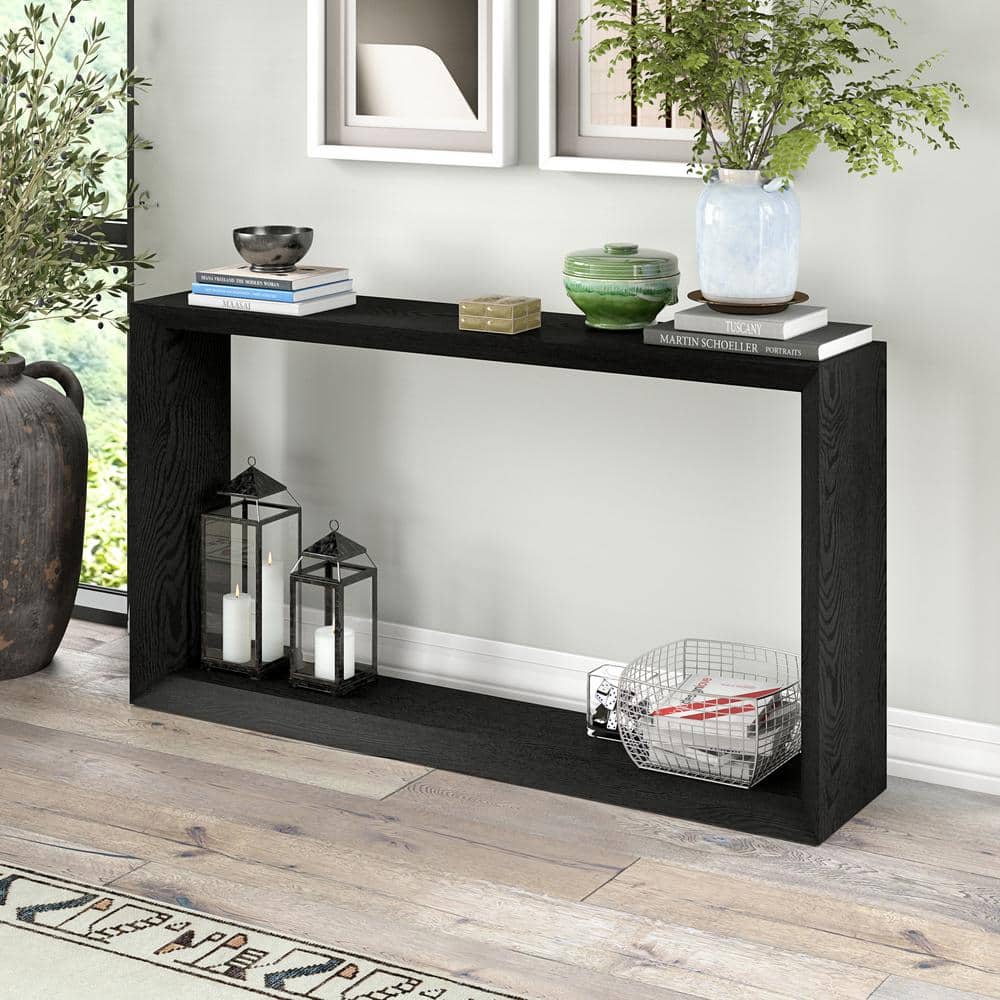 Black Grain 55" Rectangular Wood Console Table with Storage
