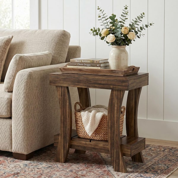 Kerlin 23.6 in. Dark Brown Rectangle Wood End Table, Farmhouse 2-Tier Side Table with Storage Shelves Nightstand Beside