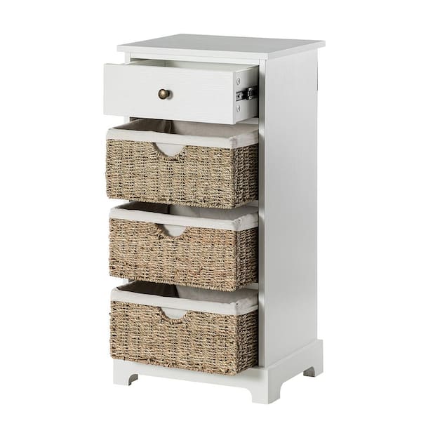 Tatahance White Wood Cabinet with Removable Woven Baskets
