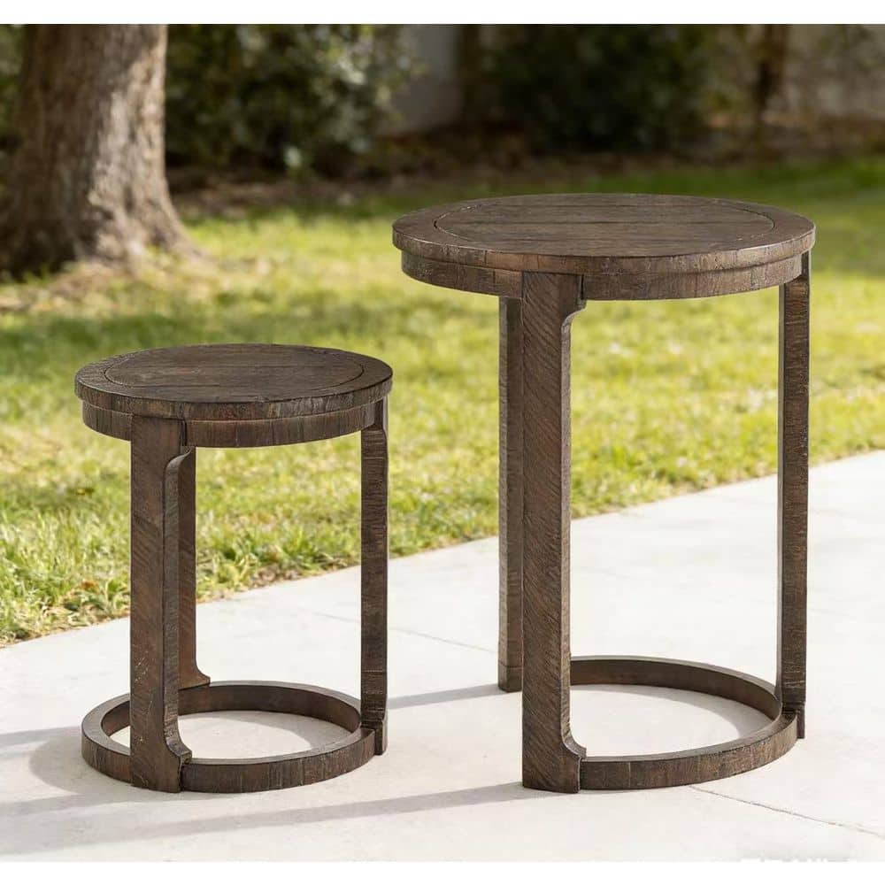 Stagger Rounds Tables 2-Piece Dark Brown Wood Traditional Round Indoor & Outdoor Side Table ...