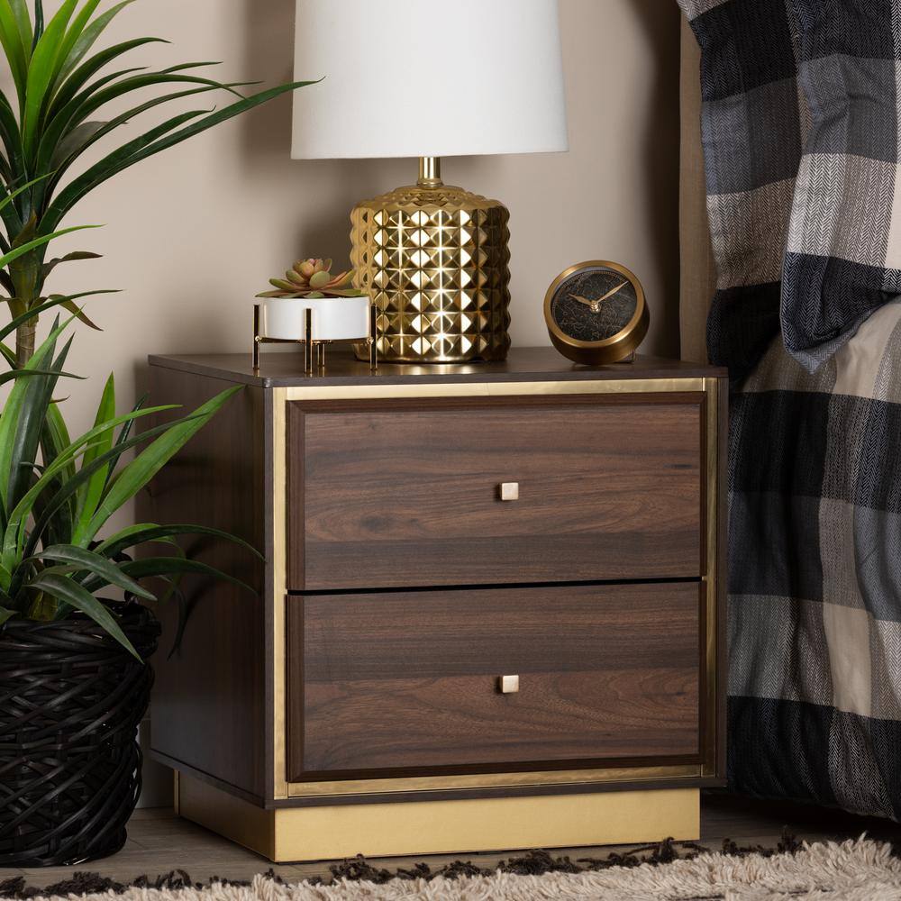 Cormac Walnut Brown and Gold Metal 2-Drawer Nightstand