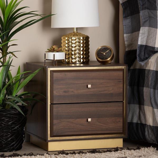 Baxton Studio Cormac 2 Drawer Walnut Brown and Gold Nightstand