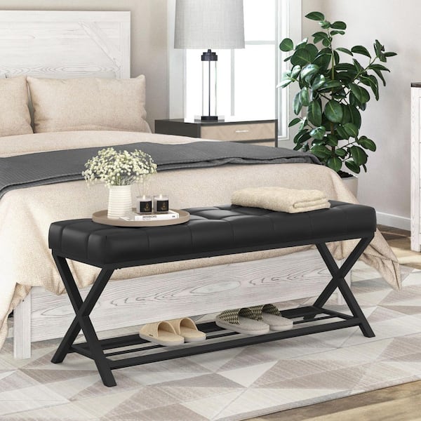 Ruikia 44.5 in. Black Faux Leather Storage Bench with Metal Legs for Entryway or Bedroom
