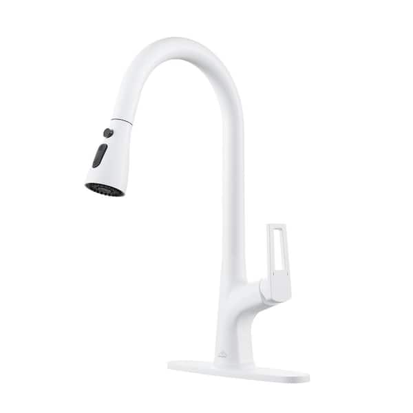 CASAINC Single Handle Pull Down Sprayer Kitchen Faucet with Advanced Spray, Pull Out Spray Wand, and Deckplate in Matte White