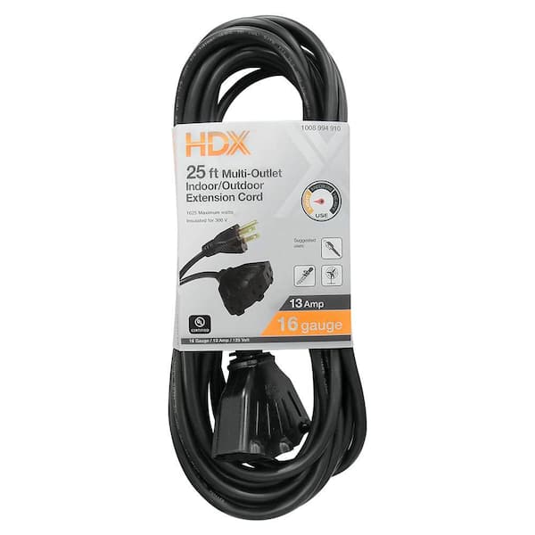 25 ft. 16/3 Light Duty Indoor/Outdoor Extension Cord with Multiple Outlet Triple Tap End, Black