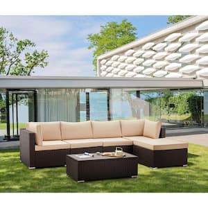 6-Piece Coffee Brown Wicker Rattan Outdoor Conversation Sectional Set with Khaki Brown Cushions and Coffee Table