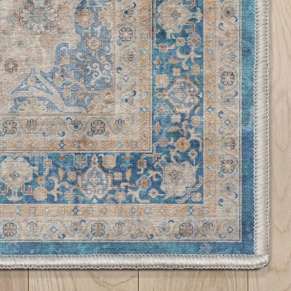 Asha Lilith Blue Chenille Oriental Washable Area Rug 3' x 5'
