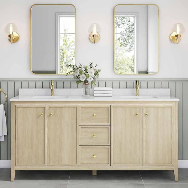 Fluctus 72 in. W Double Sink Freestanding Bath Vanity in Wheat Oak with Calacatta Cultured Marble Top