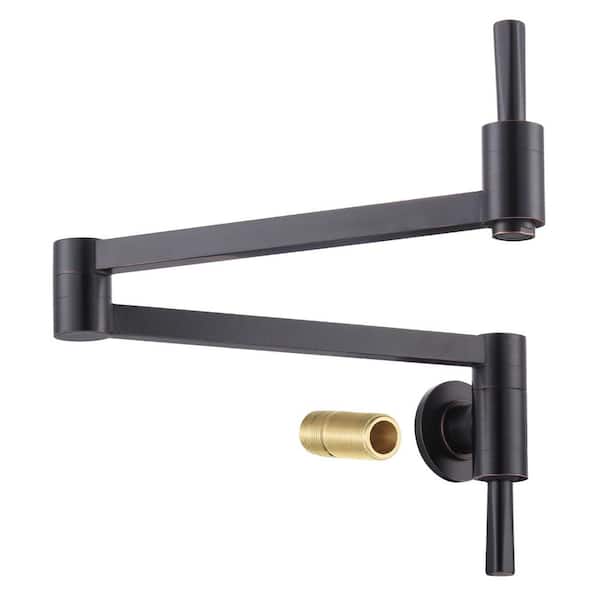 Wall Mounted Double Handle Pot Filler Folding Brass Kitchen Faucet with Swing Arm in Oil Rubbed Bronze