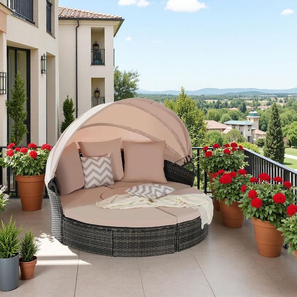 Unbranded 5-Piece Wicker Rattan Outdoor Patio Round Modular Day Bed Sofa Set with Retractable Canopy, Beige Cushions Pillows,Table
