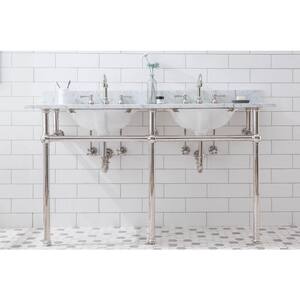Embassy 60 in. Double Sink Carrara White Marble Countertop Washstand in Polished Nickel PVD with P-Trap and Faucet