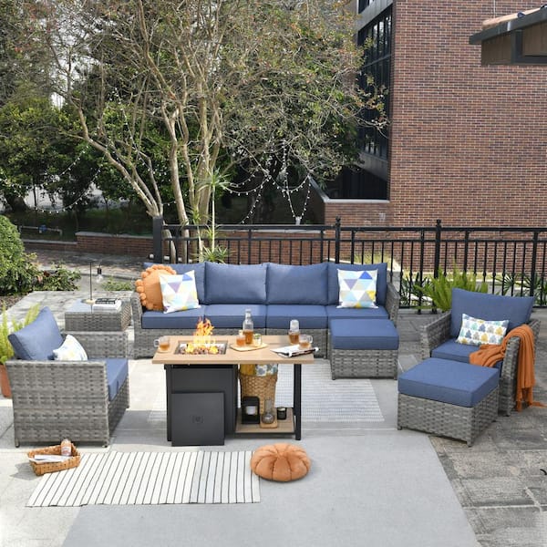 weaxty W Morag Gray 10-Piece Wicker Outerdoor Patio More Storage Space Fire Pit Sectional Seating Set with Denim Blue Cushions