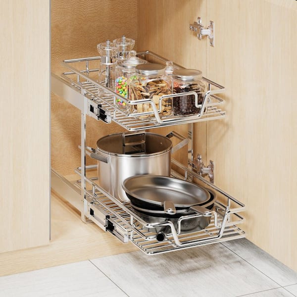 2 Tier Kitchen Cabinet Organizer, Standing Chrome Pull Out Cabinet Storage Pot Rack, Multi Size Slide Out Pantry Basket