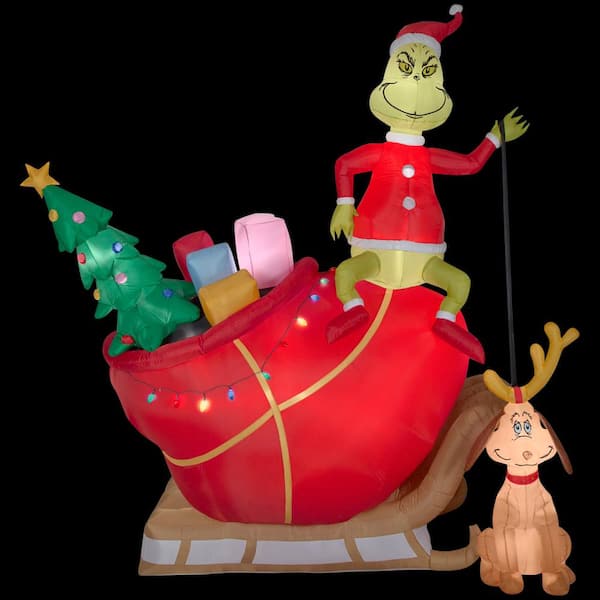 Grinch 6 ft. Pre-lit Inflatable Airblown with Santa Stop Here Sign Scene  114811 - The Home Depot