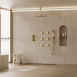 Thermostatic 3-Spray 12 in. Square Shower Head High Pressure Shower System with LCD Display and Valve in Brushed Gold