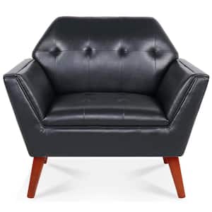 Modern Black PU Faux Leather Upholstered Armchair Tufted Accent Side Chair Wood Legs Single Sofas