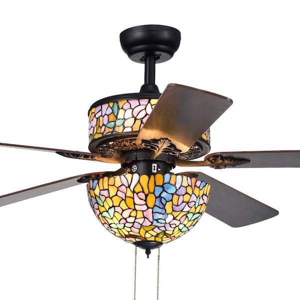 Warehouse of Tiffany Hayfield 52 in. Indoor Art Glass Black Ceiling Fan with Light Kit