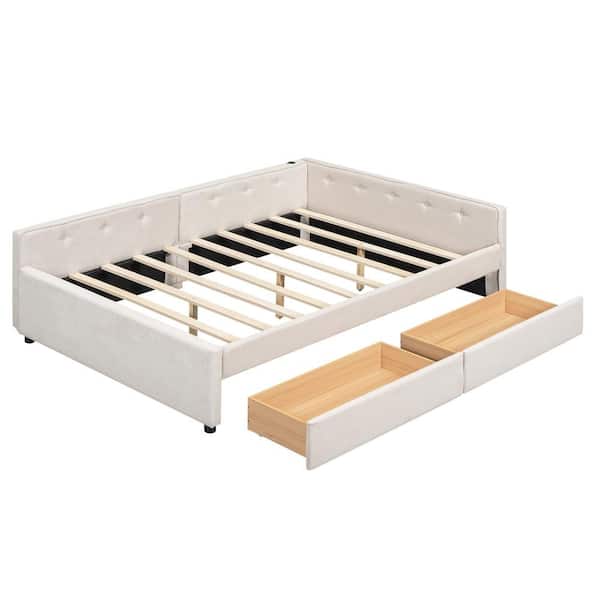 Beige Wood Frame Full Platform Bed with USB and 2-Drawers