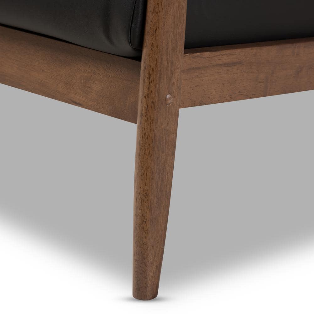 Venza Mid-Century Modern Lounge Chair in Black Faux Leather & Walnut