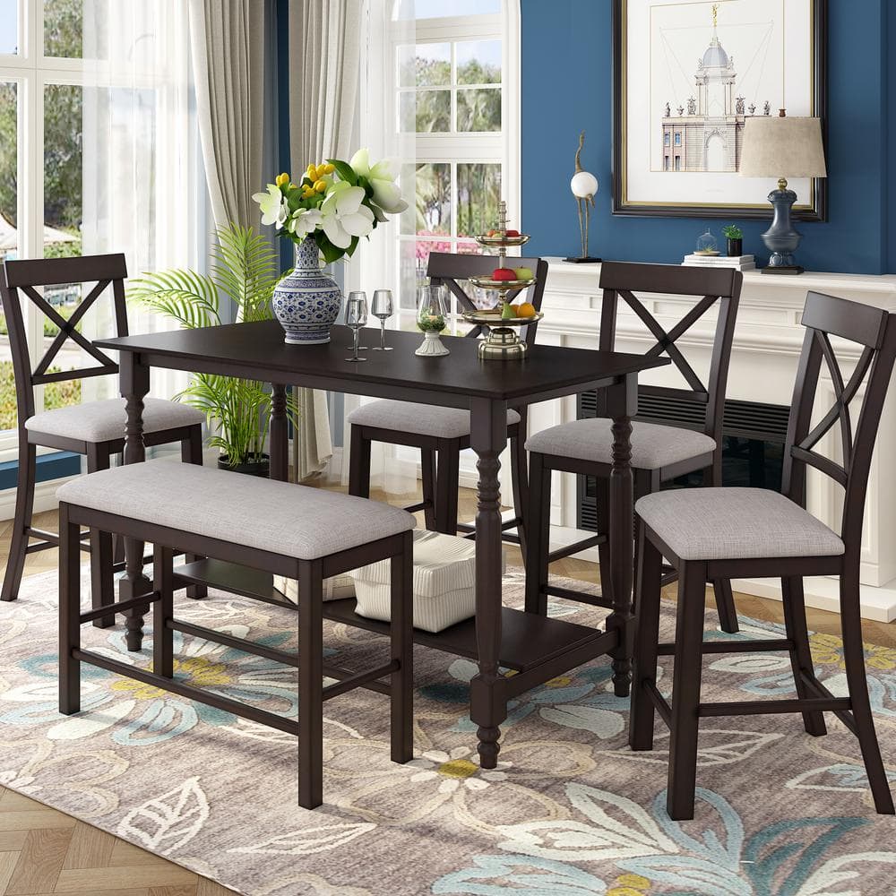 URTR 6-Piece Wood Top Espresso Counter Height Dining Table Set, Kitchen ...