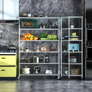 6 layers pentagonal metal shelves with wheels for kitchen storage items, 27in.L*27in.W*82in.H-White