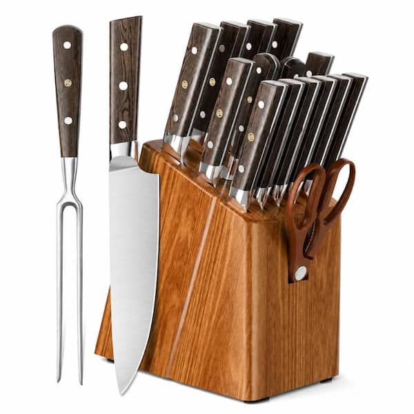 16-Piece Kitchen Knife Set with Natural Wenge Wood Block, X50CR15 German Steel Full-Tang with Sharpener