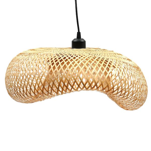 OUKANING 1 Light Wood Rustic Shaded Pendant Light with Woven Bamboo Shade and Adjustable Hanging Wire, No Bulbs Included