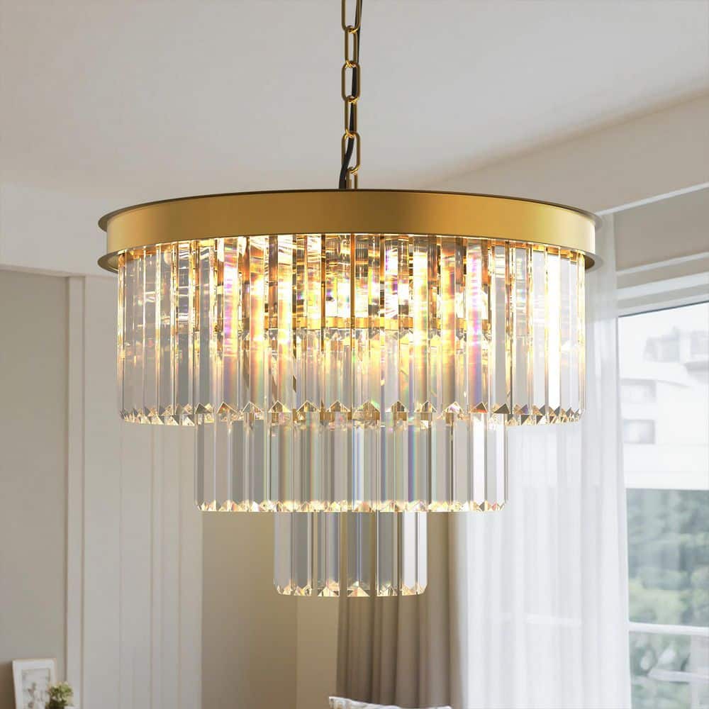 Briignite 20 in. 6-Light Gold 3-Tier Crystal Chandelier, Modern