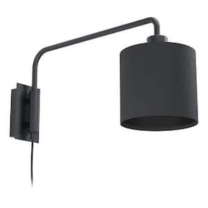 Saiti 19.69 in. W x 9.45 in. H 1-Light Matte Black Wall Sconce with Black Fabric Shade