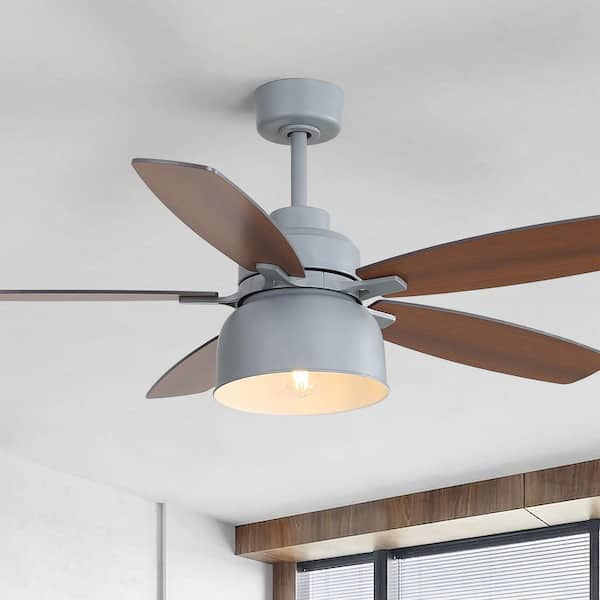 52 in. Indoor/Outdoor Farmhouse Downrod Gray and Brown Standard Ceiling Fan with E26 Light Bulb and Remote