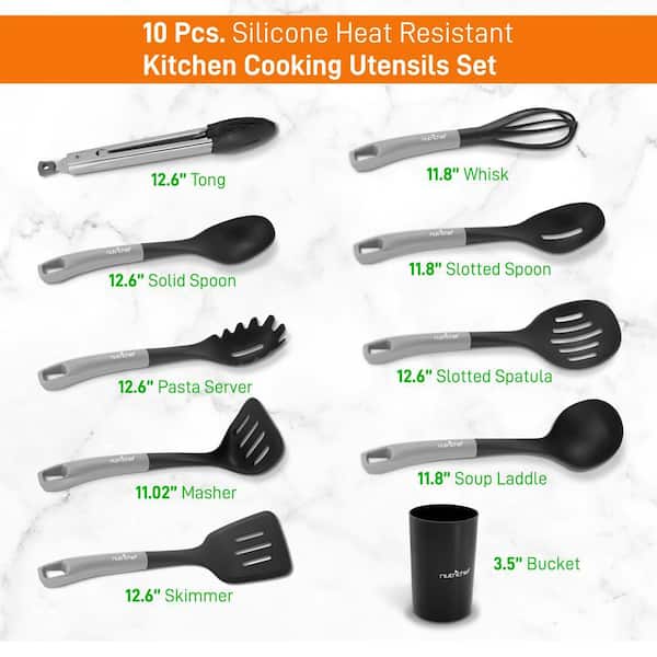 Nutrichef 10 PCS. Silicone Heat Resistant Non-Stick Kitchen Cooking Utensils Set - (Silver & Black)