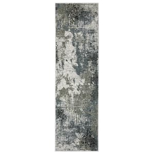 Galleria Beige/Blue 2 ft. x 8 ft. Abstract Distressed Floral Polyester Indoor Runner Area Rug