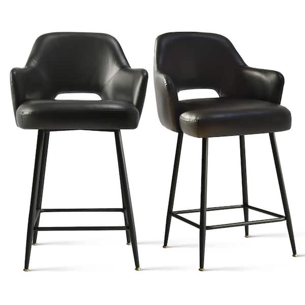 LAOTIES 25.5 in. Black High Back Metal Frame Counter Height Bar Stool with Faux Leather Seat (Set of 2)
