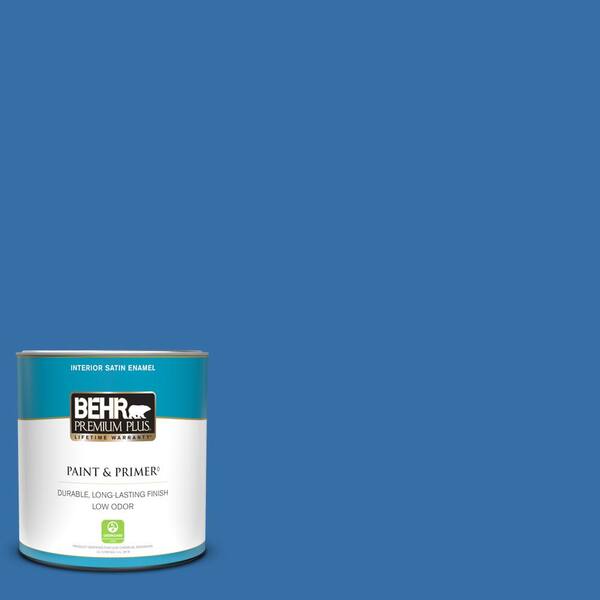 BEHR PREMIUM PLUS 1 qt. #P520-6 Mega Blue Satin Enamel Low Odor Interior Paint & Primer