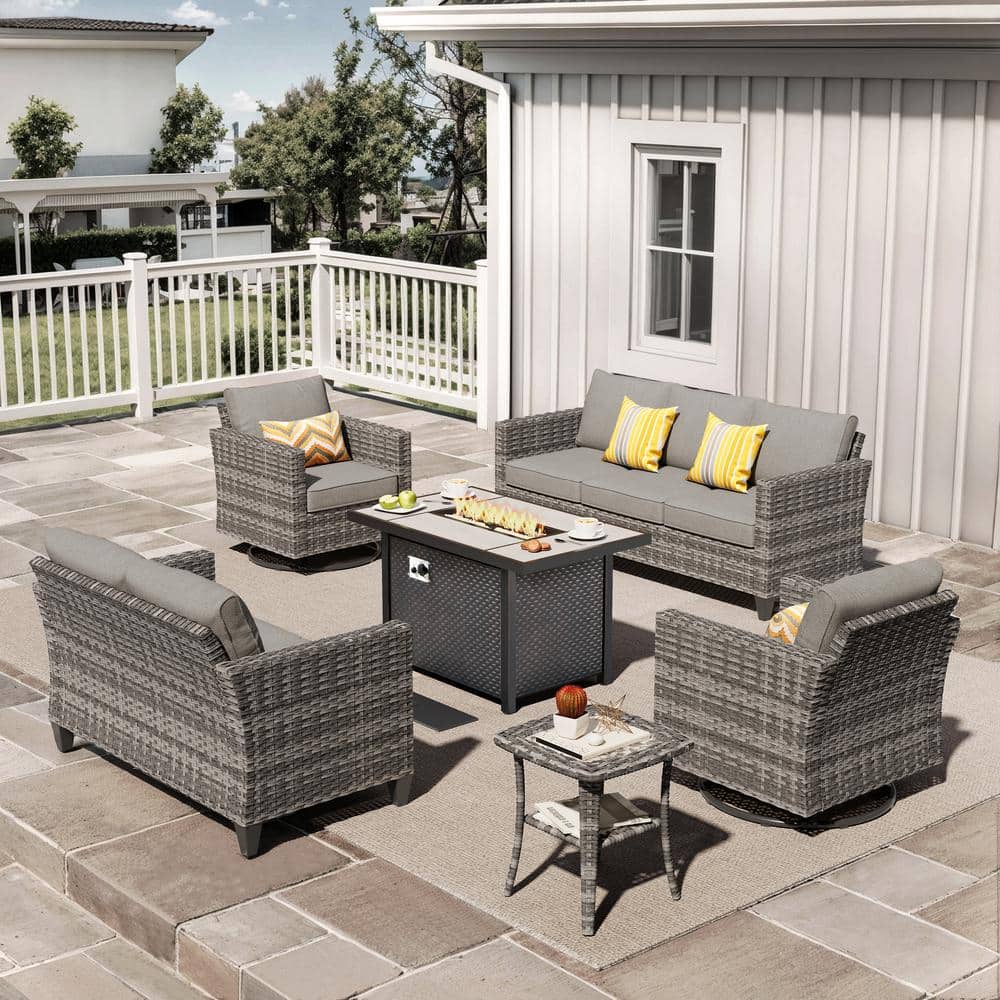 Jupiter 6-Pcs Wicker Outdoor Patio Fire Pit Seating Sofa Set and with Dark Gray Cushions and Swivel Rocking price history on PriceWatchPro