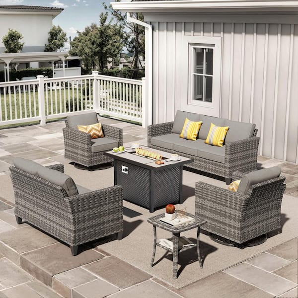 XIZZI Jupiter 6-Pcs Wicker Outdoor Patio Fire Pit Seating Sofa Set and with Dark Gray Cushions and Swivel Rocking