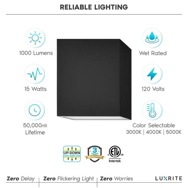 maart versneller Verkoper LUXRITE 4.69 in. Black LED Up and Down Vanity Light 3 Color Selectable  15-Watt, 1000 Lumens, ETL Listed, Wet Rated (1-Pack) LR40312-1PK - The Home  Depot