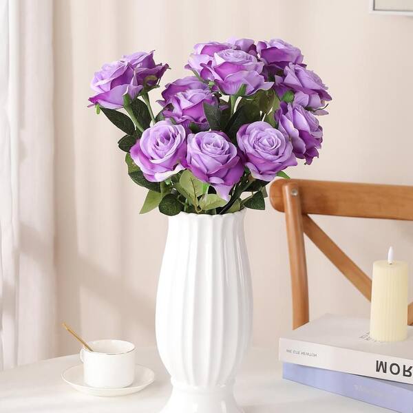 Fake Purple Roses 19.6 in. Purple Indoor Artificial Rose Flower(Set of 10), Light Purple ...
