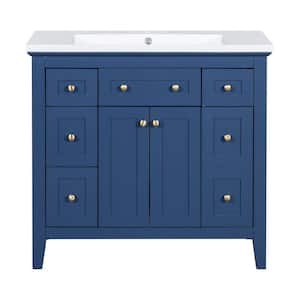 36 in. W x 18 in. D x 34.37 in. H Single Sink Freestanding Bath Vanity in Blue with White Resin Top and Storage