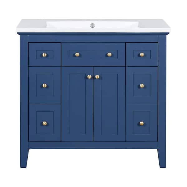 EPOWP 36 in. W x 18 in. D x 34.37 in. H Single Sink Freestanding Bath Vanity in Blue with White Resin Top and Storage