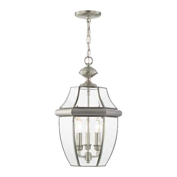 AVIANCE LIGHTING Aston 21 in. 3-Light Brushed Nickel Dimmable Outdoor Pendant Light with Clear Beveled Glass and No Bulbs Included