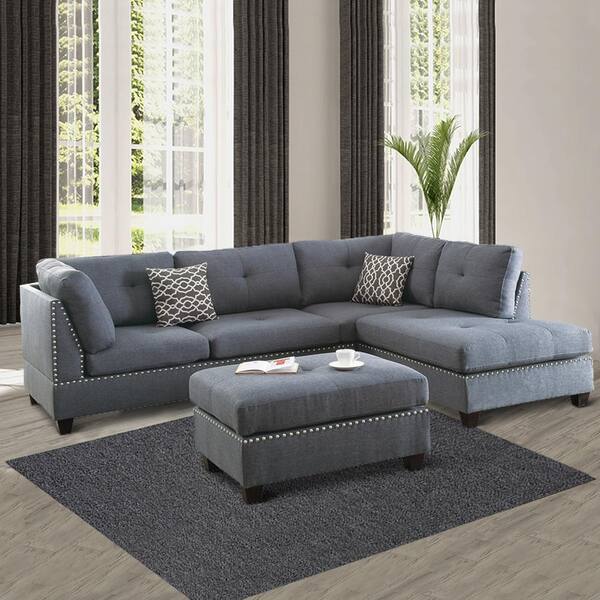 Benjara 3 Piece Blue Gray Polyfiber, Light Blue Gray Sectional Sofa