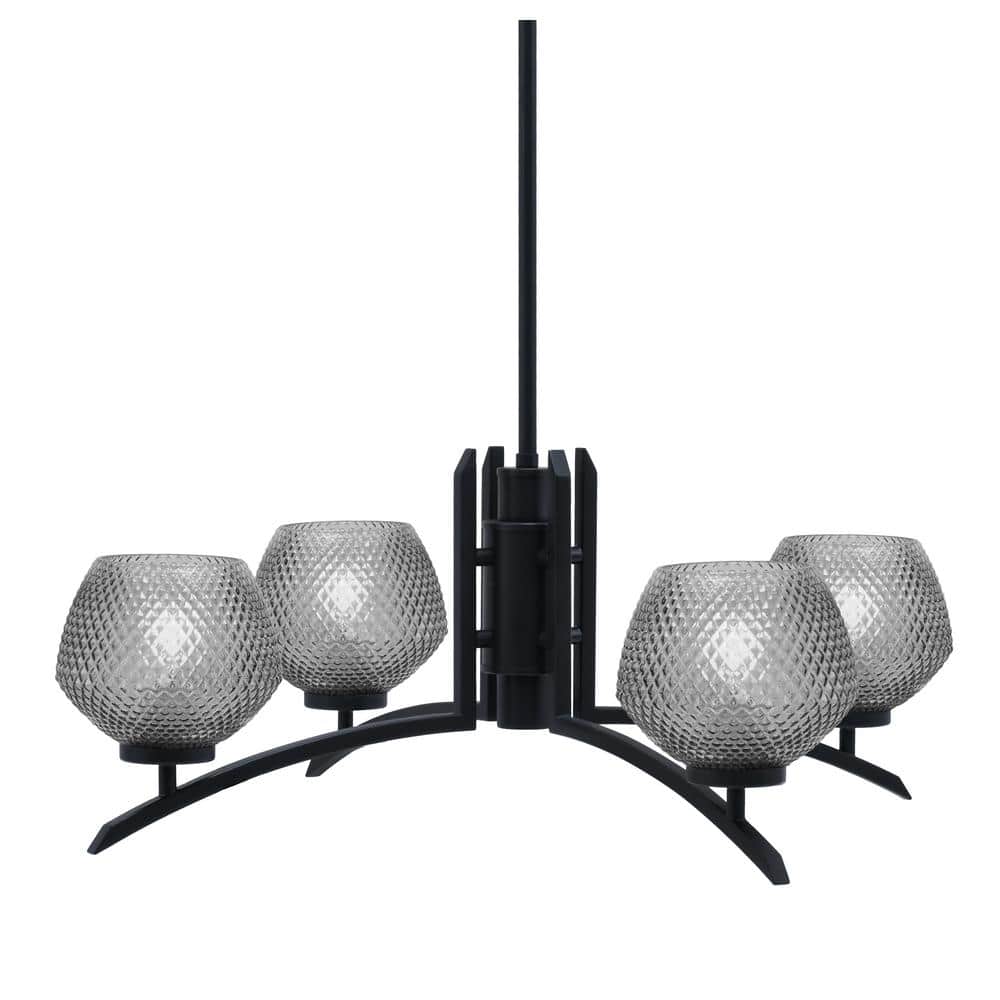 Siena 27.5 in. 4 Light Matte Black Chandelier with Smoke Textured Glass Sha