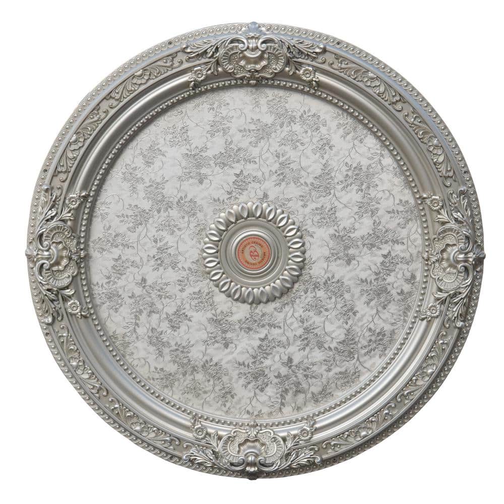 Antique Silver Round Chandelier Ceiling Medallion with Floral Design, 36 Inches