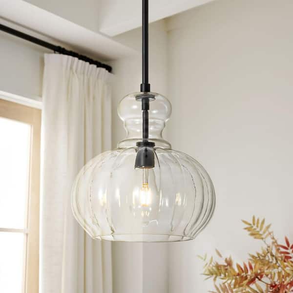 Sheree 1-Light Clear Gourd Glass Pendant Light with Matte Black Rod for Kitchen Island or Entryway