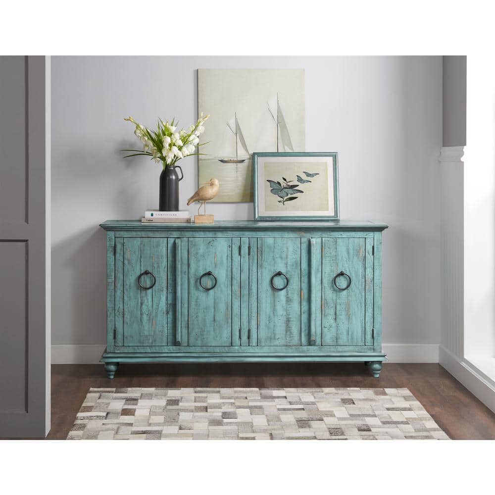 Rustic Turquoise Solid Pine 65" TV Stand with Cabinet